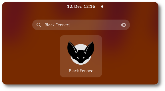 Screenshot of Black Fennec when searched for in the GNOME Activities Overview